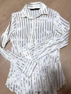 ZARA BASIC ホワイト・ゴールドストライプ 長袖シャツ