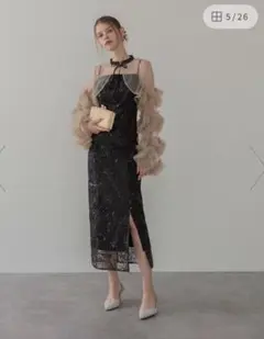 Leja フリルチュールスリーブリボンIラインワンピースドレス