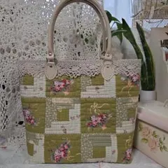 ハンドメイドパッチワークバッグ グリーン系