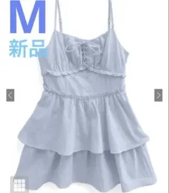 M ブルー レースアップティアードキャミミニワンピース [dk1382]
