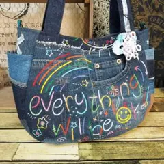 刺繍デニムバック　No.662　デニムリメイク　刺繍バック　サイドポケット