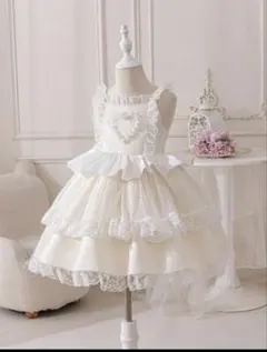 豪華3段フリル♡ ハート刺繍 レースドレス 110cm ホワイト 撮影用にも！