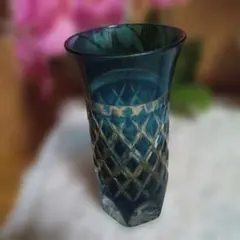 【切子Glass☆ビンテージ】深い青色の切子の冷酒用 カットグラス♡ 昭和レトロ