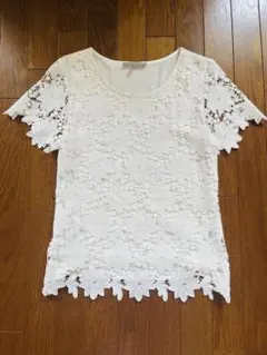 ローラアシュレイ ホワイト花柄レース半袖Tシャツ