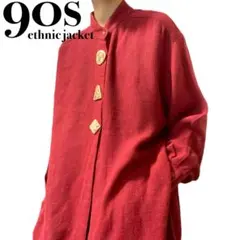 90s ヴィンテージ シャツ ジャケット 民族ボタン エスニック USA レッド