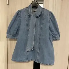 【新品・未使用】ZARA デニム半袖ボウタイブラウス Sサイズ