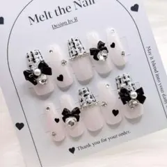 【サイズオーダー可】ネイルチップ フレンチガーリー スナ系 ツイード リボン