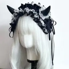 1302ヘッドドレス ブラック ツノ薔薇レース小悪魔ロリータゴスロリコスプレのサムネイル