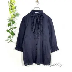 a.v.v フリル ボウタイブラウス(L)長袖 ネイビー シャボ 上品のサムネイル