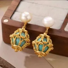 X702 ピアス レディース ゴールド k18 トルコ石 ターコイズ S925