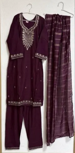 【訳あり】インドSUMIT FASHION 刺繍入りパンジャビドレスセット【L】