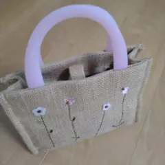 プライベートレーベル　バッグ　手提げ　ナチュラル　花　刺繍　ピンク　夏のサムネイル