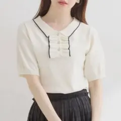 Couture brooch 「洗える」フリル ポロ衿ニット 半袖セーターのサムネイル
