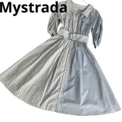 マイストラーダ ベルト付ストライプシャツワンピース Aライン 水色 S 美品