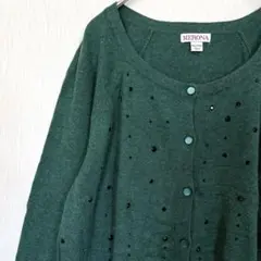 メローナ カーディガン クルーネック ビジュー XL 緑 綿 ゆったり 華やか