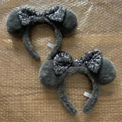 ディズニー　カチューシャ　2個　グレー　リボン　ファー　ファー　スパンコール