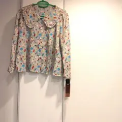 新品 未使用 タグ付き 花柄 フリル襟 ビックカラー 長袖 ブラウス