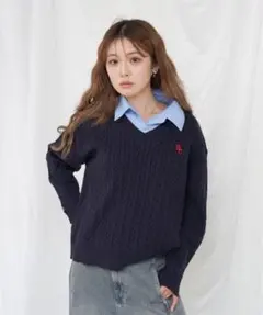 RAY CASSIN ネイビー ケーブルニットセーター