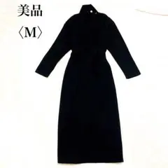 美品　ロングワンピース　ハイネック　リボン　無地　シンプル　あったか　エレガント