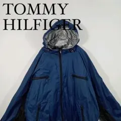 90s トミーヒルフィガー ナイロンジャケット XL フード 紺 TOMMY