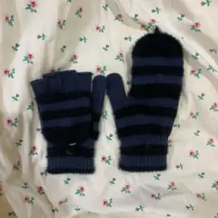 ネイビー 黒 ストライプ 手袋 ミトン