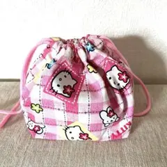 ハローキティ ピンク 巾着バッグ チェック 袋 綿