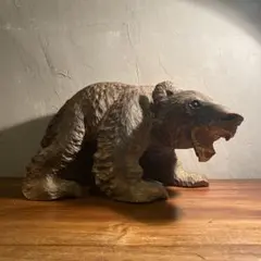 昭和中期 北海道 木彫りの熊置物 在銘 作家物 アラキ作 骨董品 ガラス目 右頭