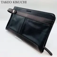 【美品】タケオキクチ クラッチバッグ レザー ロゴ型押し ブラック
