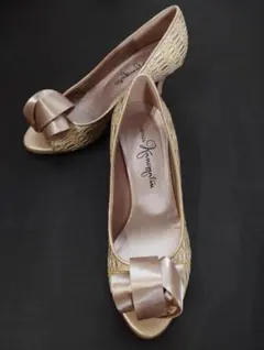 銀座かねまつ　オープントゥ　パンプス　24cm リボン