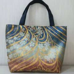 正絹袋帯(美品 桜柄 波紋様 金、銀糸 )リメイクトートバック