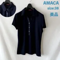 良品 AMACA カットソー ブラウス 38 M ネイビー アマカのサムネイル