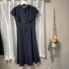 ネイビー ドット柄 フリル袖 ワンピース
