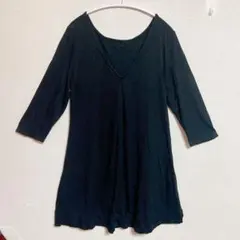 黒 Vネック七分袖ワンピース レーヨン95%