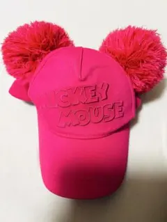 ディズニー　帽子　ツバ付き　ミッキー　耳ポンポン付き　濃い　ピンク