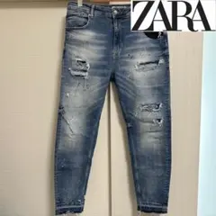 【人気】ZARA ダメージ加工 ペイント デニム スキニー ジーンズ 46 XL