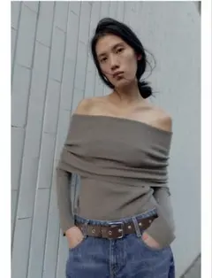 残り2時間で取り下げZARAザラ オフショルダー グレーブラウンニットセーターM