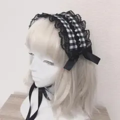#9 黒白ギンガム薔薇レースヘッドドレス ロリータ　量産型　地雷系　ゴスロリ