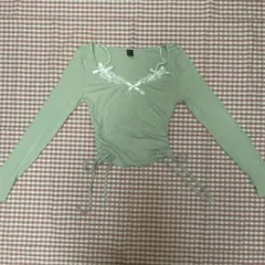 リブ編み長袖Tシャツ くすみグリーングリーン