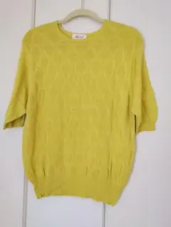 イエローニット五分袖網目模様　透かし編みニットセーター七分袖Mサイズ絹100%