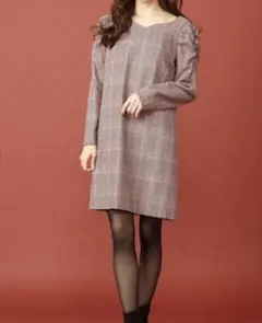 miia チェック柄 Vネック 七分袖 ワンピース ワインレッド