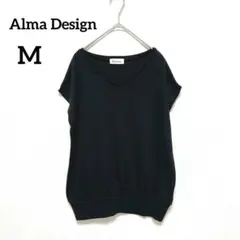 アルマデザイン　フレンチスリーブニット　黒　Ｖネック　丈長　ゆったり　M　259