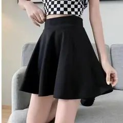 フレア ミニスカート ブラック ウエストゴム 韓国風 シンプル 体型カバー