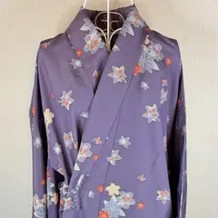 単衣 小紋着物 紫系 小花柄 モミジ柄 ポリエステル フリーサイズ