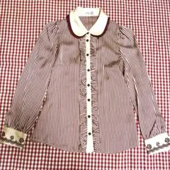 美品　axesfemmeアクシーズ フリル刺繍装飾ストライプ長袖ブラウス