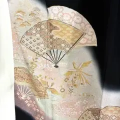 値下げ★ 黒留袖　正絹　鳳凰　吉祥　扇　花　五つ紋　リメイク　稽古用　T-22のサムネイル