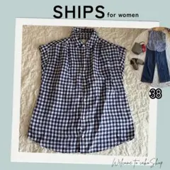 美品》SHIPS　リネン ギンガム フレンチスリーブシャツ　38 ブラウス　青白のサムネイル