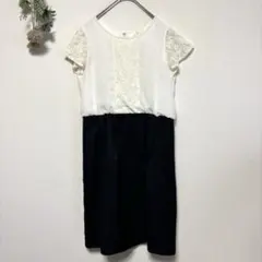 11号｜配色レース半袖ワンピース｜ドレス｜パーティー｜二次会｜春夏｜白｜黒｜L