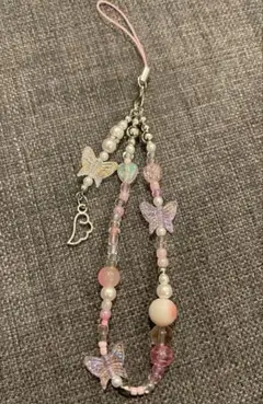 蝶ビーズストラップ/ピンク/ 携帯ストラップチャーム