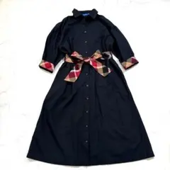 極美品 ブルーレーベルクレストブリッジ チェック リボン シャツワンピース 38