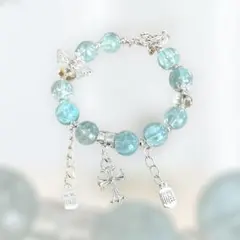 ブレスレット ハンドメイド フリーサイズ シルバー 蝶々 十字架 ライトブルー